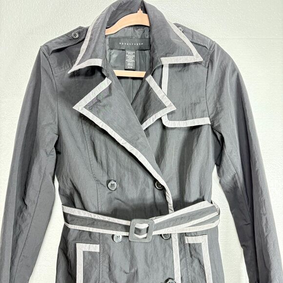 Apostrophe Womens Trench Rain Coat Double Breasted Size Medium Black with Belt - Picture 3 of 16